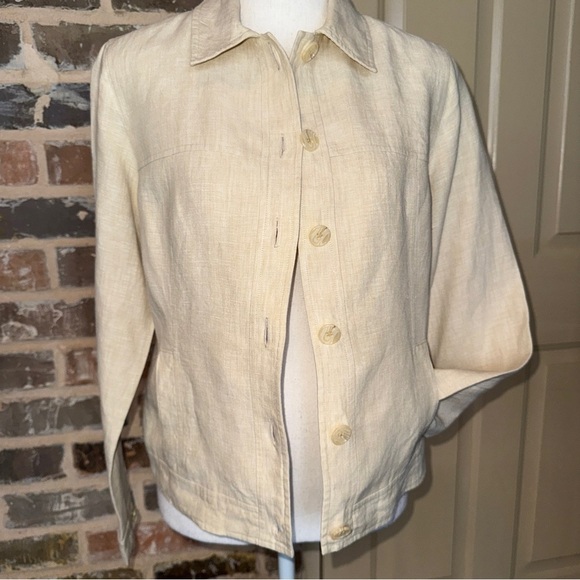 Magaschoni Linen Cropped Button-Front Jacket Shirt Pale Cream Yellow Lined Sz 6 - Picture 12 of 14